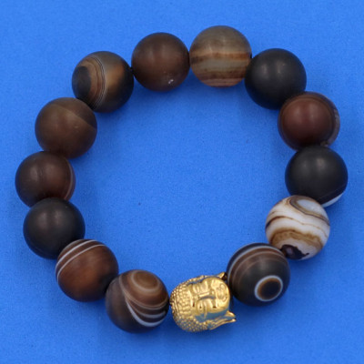 Vòng đeo tay mã não nâu sọc mờ 14 ly cẩn hạt Phật A Di Đà inox vàng VMNNSMNLV14 - hợp mệnh Kim, mệnh Thổ