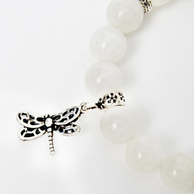 Vòng tay đá xà cừ trắng phối charm chuồn chuồn bạc 8mm mệnh thủy, kim - Ngọc Quý Gemstones