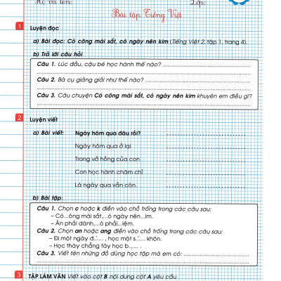Phiếu Bài Tập Cuối Tuần Toán-Tiếng Việt Lớp 2 - HA