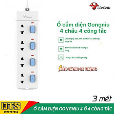 Ổ cắm điện đa năng cao cấp GONGNIU, ổ cắm điện 4 ổ cắm 4 công tắc có dây 3m, bảo hành chính hãng 3 năm 1 đổi 1