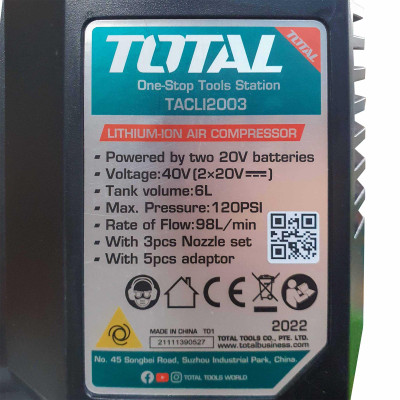 MÁY NÉN KHÍ 6L DÙNG PIN 40V TOTAL TACLI2003 - HÀNG CHÍNH HÃNG