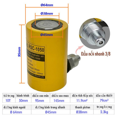 Kích thủy lực RSC-1050 thân cao 95mm 10 tấn hành trình 50mm