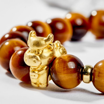 Vòng Tay Phong Thủy Đá Mắt Hổ Vàng Nâu Phối Charm Tuổi Sửu Bạc Mạ Vàng 24K (8mm) Mệnh Thổ, Kim Ngọc Quý Gemstones