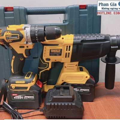 Bộ Combo Máy Khoan Pin Và Máy Khoan Bê Tông Dùng Pin 199V 2 Pin 15 Cell Động Cơ Không Chổi Than - Tặng Kèm Hộp Đựng - Bảo Hành 1 Năm
