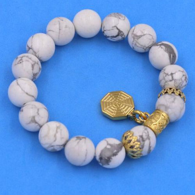 Chuỗi vòng tay Đá White Howlite 12 ly - Vòng tay Bát Quái inox vàng VHWLBQHKV12 - hợp mệnh Kim, mệnh Thủy