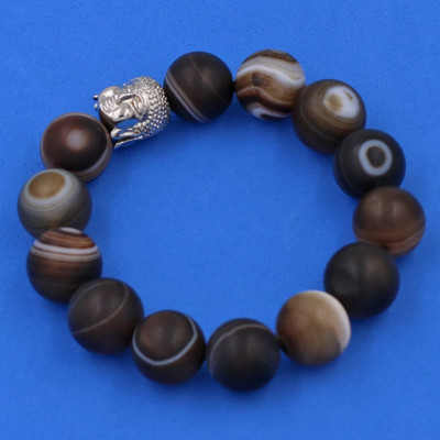 Vòng đeo tay Mã Não Nâu Sọc mờ 14 ly cẩn hạt Phật A Di Đà inox bạc VMNNSMNLT14 HỘP NHUNG - hợp mệnh Kim, mệnh Thổ