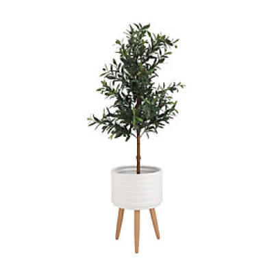Chậu trang trí bằng sành DEARO hình trụ tròn màu trắng kết hợp chân đỡ bằng gỗ, kích thước 35x50cm (RxC) | Index Living Mall - Phân phối độc quyền tại Việt Nam