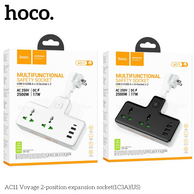 Ổ cắm điện đa năng sạc nhanh PD 17W có 1 cổng typeC + 3 cổng USB và có 2 lỗ cắm tải 2500W AC11 - Chính hãng
