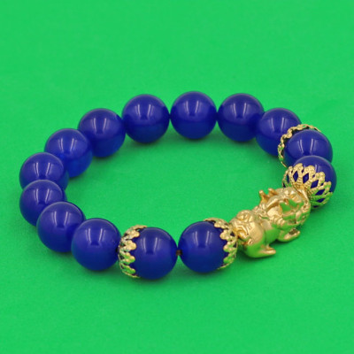 Vòng tay Thạch Anh Xanh Dương 12 ly - cẩn Tỳ Hưu Phong Thủy inox vàng VTAXDTHBKV12