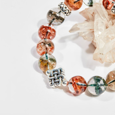 Vòng tay phong thủy đá thạch anh ưu linh đa sắc charm tài lộc 12mm - Ngọc Quý Gemstones