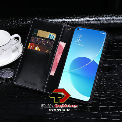 Bao da dạng ví dành cho OPPO Reno6 5G hiệu IDEWEI vân da cá sấu có quai cài - Hàng chính hãng