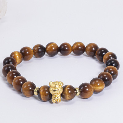 Vòng Tay Phong Thủy Đá Mắt Hổ Vàng Nâu Phối Charm Tuổi Hợi Bạc Mạ Vàng 24K (8mm) Mệnh Thổ, Kim Ngọc Quý Gemstones
