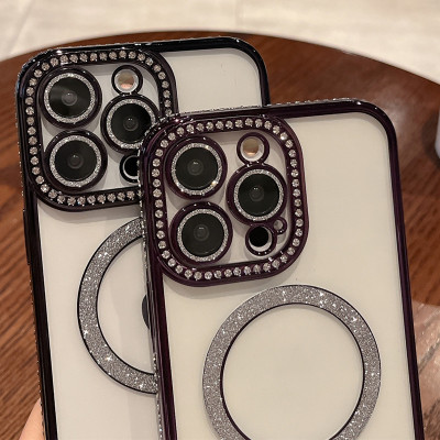 Ốp lưng cho iphone 15 pro max sạc từ tính đính đá vòng kim tuyến rất đẹp - hàng chính hãng 