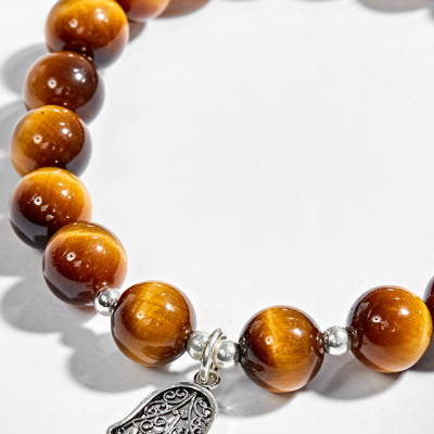 Vòng Tay Đá Mắt Hổ Vàng Nâu Phối Bàn Tay Hamsa Bạc