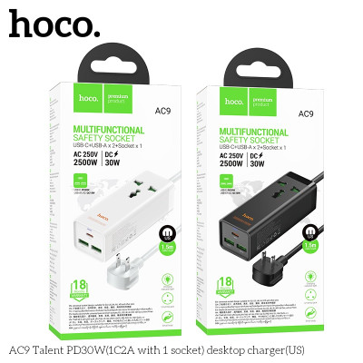 Ổ cắm điện đa năng sạc nhanh PD 30W cổng typeC + QC18W có 2*USB và 1*Type-C có 1 lỗ cắm tải 2500W dây dài 1.5m AC9 - Hàng chính hãng