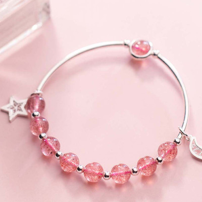 Vòng tay bạc đá thạch anh dâu charm trăng sao mệnh hỏa, thổ - Ngọc Quý Gemstones