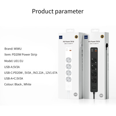Ổ Điện Wiwu Power Strip Socket With 4 AC 3 USB 20w PD Ngăn Trẻ Em Chạm Vào, Dây Cáp Dày và Bền - Hàng Chính Hãng