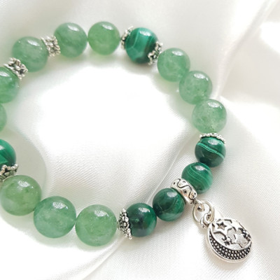 Vòng Tay Laliz Mệnh Mộc, Hỏa Thạch Anh Dâu Kết Hợp Đá Khổng Tước Charm Bạc Trăng Sao - TAR.16