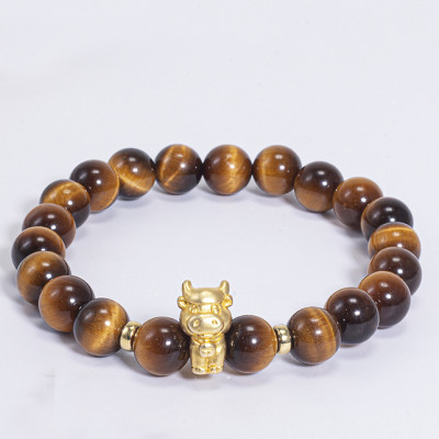 Vòng Tay Phong Thủy Đá Mắt Hổ Vàng Nâu Phối Charm Tuổi Sửu Bạc Mạ Vàng 24K (8mm) Mệnh Thổ, Kim Ngọc Quý Gemstones