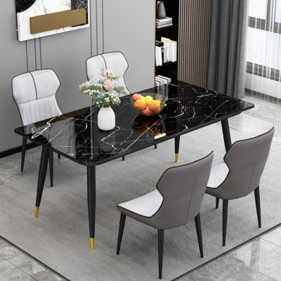 Bàn ăn đẹp chứa 4-6 ghế dài 1m4 mặt kính mạ vân đá, Bàn ăn hiện đại tại nhà BGA027