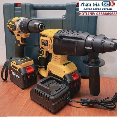 Bộ Combo Máy Khoan Pin Và Máy Khoan Bê Tông Dùng Pin 199V 2 Pin 15 Cell Động Cơ Không Chổi Than - Tặng Kèm Hộp Đựng - Bảo Hành 1 Năm