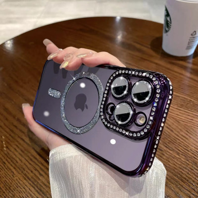 Ốp lưng cho iphone 15 pro max sạc từ tính đính đá vòng kim tuyến rất đẹp - hàng chính hãng 