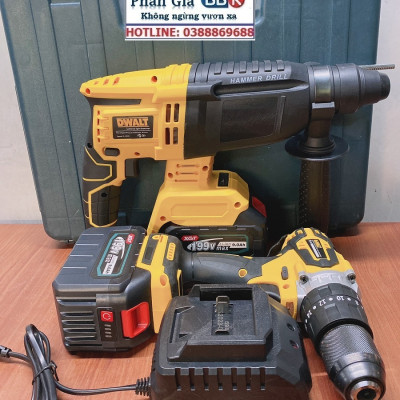 Bộ Combo Máy Khoan Pin Và Máy Khoan Bê Tông Dùng Pin 199V 2 Pin 15 Cell Động Cơ Không Chổi Than - Tặng Kèm Hộp Đựng - Bảo Hành 1 Năm