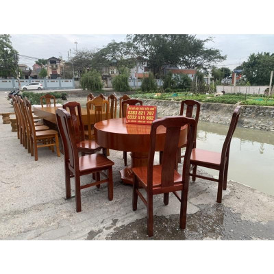 Bộ bàn ăn tròn gỗ hương đá đỏ Nam Phi + 6 ghế chữ thọ