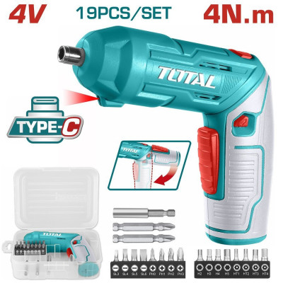 Bộ máy bắt vít dùng pin 4V kèm 20 chi tiết vít TOTAL TSDLI0442 - Có hộp, sạc Type C, vặn vít, siết vít, pin dung lượng cao, có đèn LED, có đảo chiều
