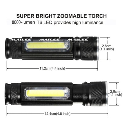 Đèn pin siêu sáng cầm tay bóng LED LD-T6 thân nhôm có zoom quang học đế hít nam châm, 800 lumens, tối đa 10h sử dụng - Mai Lee