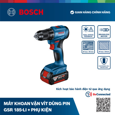Máy khoan vặn vít dùng pin Bosch GSR 185-LI và Phụ kiện