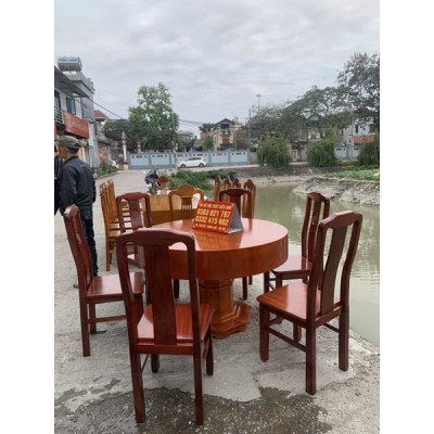 Bộ bàn ăn tròn gỗ hương đá đỏ Nam Phi + 6 ghế chữ thọ