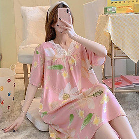 Váy/đầm nữ cộc tay cổ V phối ren vải lanh thoáng mát, dáng suông dài nhiều họa tiết freesize 45 - 65 kg