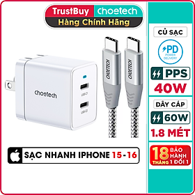 Bộ Củ Sạc Nhanh Type C 40W, Sạc 2 Cổng 20W Cho iPhone 15, iP16, Cho SamSung PPS 25W CHOETECH Q5006 Và Cáp CC0005-S - Hàng Chính Hãng