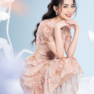 Đầm Maxi Tơ Hoa Luperi LFV3289 xếp tầng dài qua gối may 2 lớp lót tinh tế 