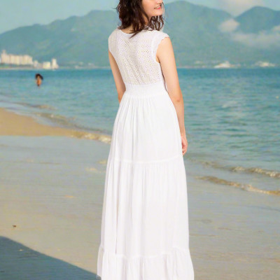 Đầm Maxi Trắng Cotton Dài Đi Biển Du Lịch Resorts Tiên DRE066 Thời trang Hity