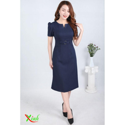 Đầm Suông Xanh Đen Phối Khuy Che Bụng Béo DL670