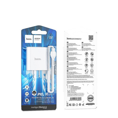 Bộ sạc PD20W Hoco C97 chân dẹt cổng USB và Type- C kèm dây sạc Type-C to Type-C dài 1M cho Android - Hàng chính hãng