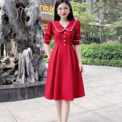 ĐẦM XÒE DỰ TIỆC CỔ VE CAO CẤP 2 MÀU ĐỎ ĐEN THANH LỊCH