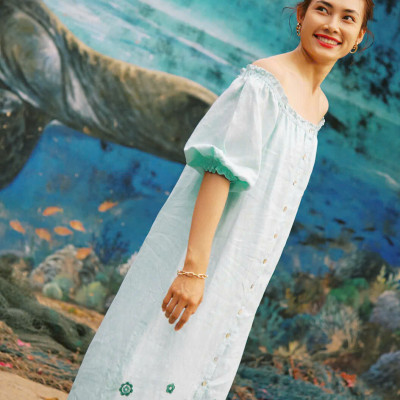 Đầm Midi Linen Thêu Tay Hạ Vy Dre210 thời trang thiết kế Hity