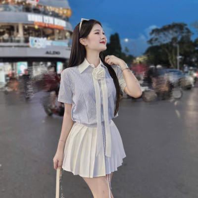 SET ÁO SỌC PHỐI CHÂN VÁY COÔTN LẠNH(CÓ LÓT QUẦN) MÀU Y HÌNH