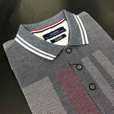 Áo polo cộc tay cổ bẻ ghi sáng họa tiết kẻ sọc ALGPLO33