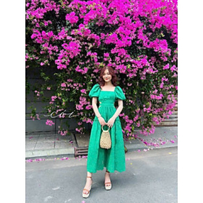  Đầm maxi cổ vuông tay phồng khoét eo xinh xắn thích hợp đi dạo phố, dự tiệc