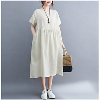 Đầm Suông Cổ Tròn Tay Cộc Dáng Dài Chất Đũi Mềm Mại Haint Boutique