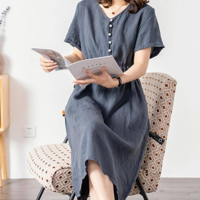  Váy sơ mi cổ V dáng suông dài basic vintage Hàn Quốc đơn giản nhẹ nhàng Haint Boutique Da173