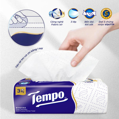 [MUA 1 LỐC TẶNG 1 GÓI KHĂN ƯỚT + 1 GIÁ ĐỠ] Khăn Giấy Bếp Rút Đa Năng Tempo Bền Dai Thương Hiệu Đức