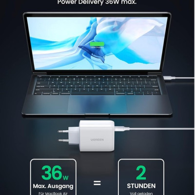 Củ Sạc nhanh 2 cổng USB A và USB Type-C 36W Ugreen 60468 màu trắng - Hàng chính hãng