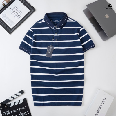 Áo Polo nam ngắn tay kẻ ngang navy-trắng ALGPLO98