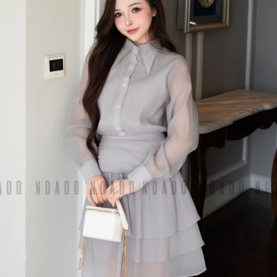 Đầm xám phối voan NGADO , đầm sơ mi , đầm dài tay