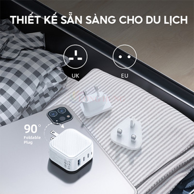 Cốc sạc Innostyle GaN MiniCube with Switch Convertible Plug UK+EU 1USB 2Type-C 65W IC65GWHT - Hàng chính hãng